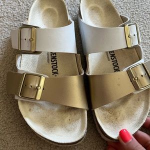 White and gold Birkenstocks